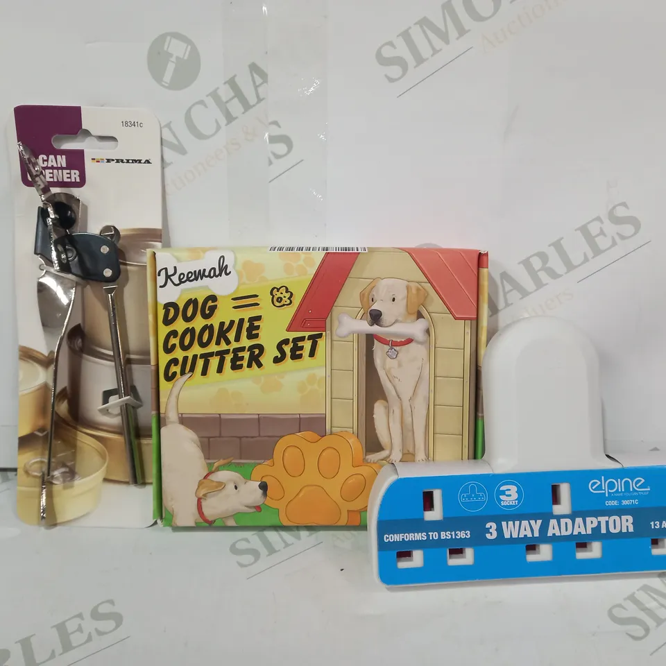 LOT OF APPROXIMATELY 10 ASSORTED HOUSEHOLD ITEMS TO INCLUDE ELPINE 3-WAY ADAPTER, DOG COOKIE CUTTER SET, CAN OPENER, ETC
