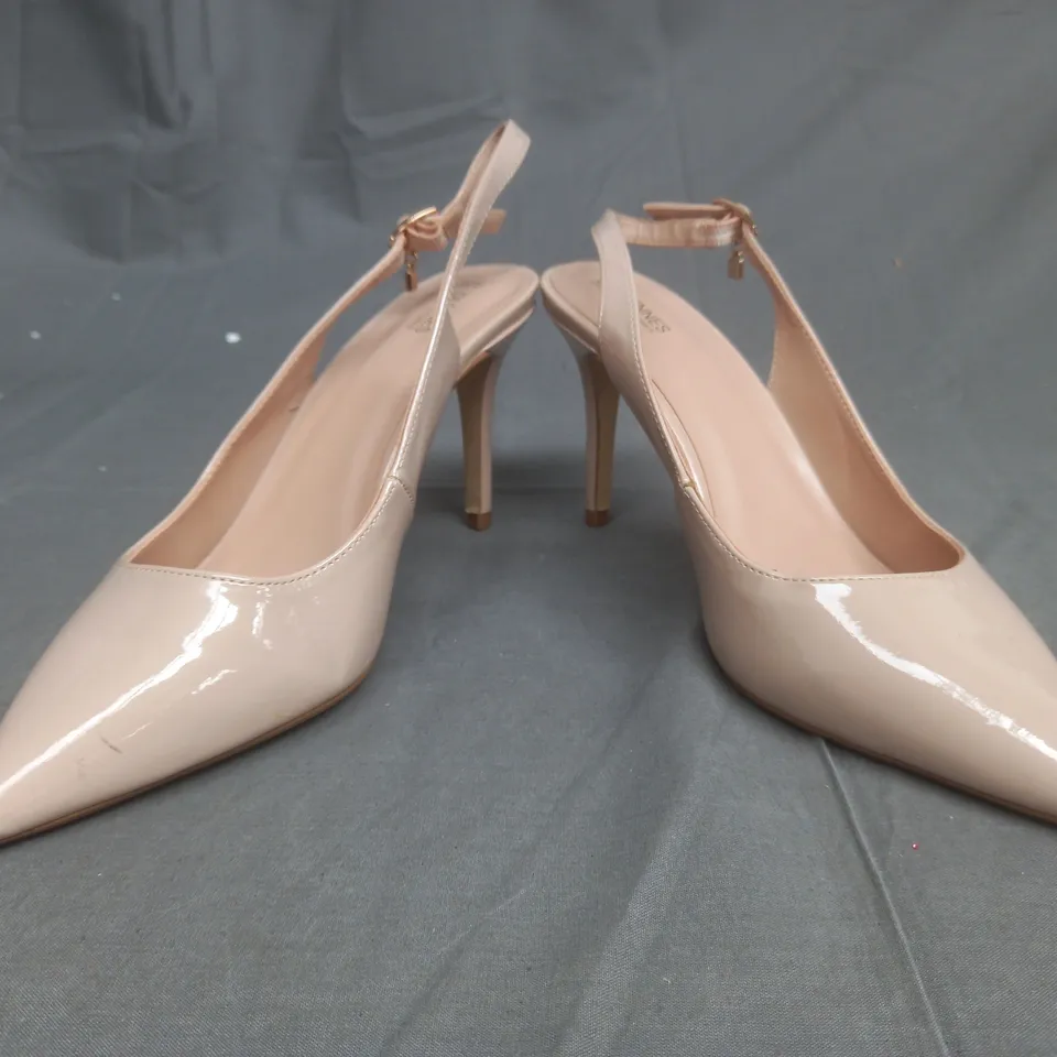 BOXED PAIR OF DUNNES STILETTOS WITH HEEL STRAP IN LIGHT PINK SIZE EU 39