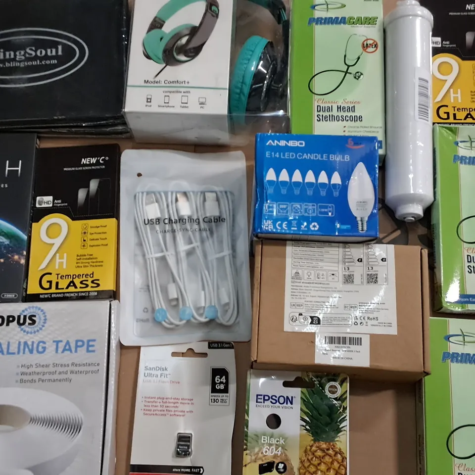 LARGE QUANTITY OF ASSORTED ITEMS TO INCLUDE BUTYL SEALING TAPE, DUAL HEAD STETHOSCOPES AND SANDISK FLASH DRIVE