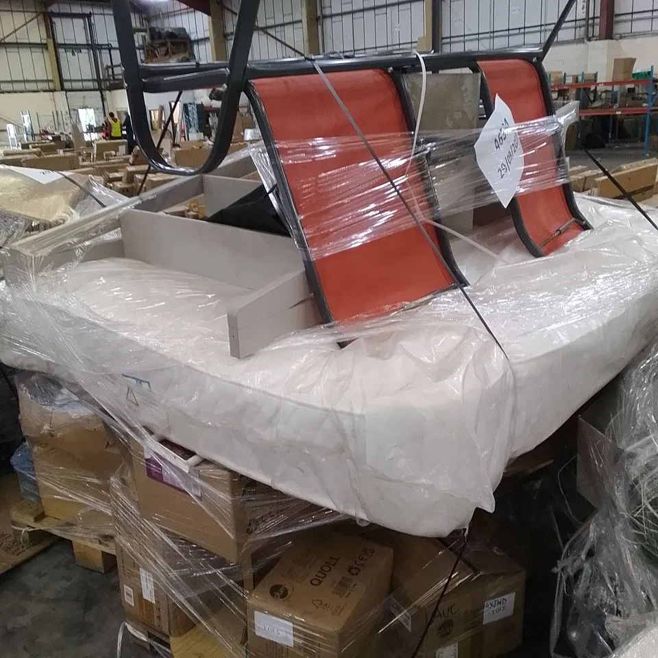 PALLET OF ASSORTED FURNITURE INCLUDING SILENTNIGHT 1000 POCKET MATTRESS, COFFEE TABLE, PLUM QUOLL GARDEN SWING, HAWAII DUO SEAT ORANGE, WOODEN DINING TABLE, CASABLANCA SMALL SIDEBOARD 