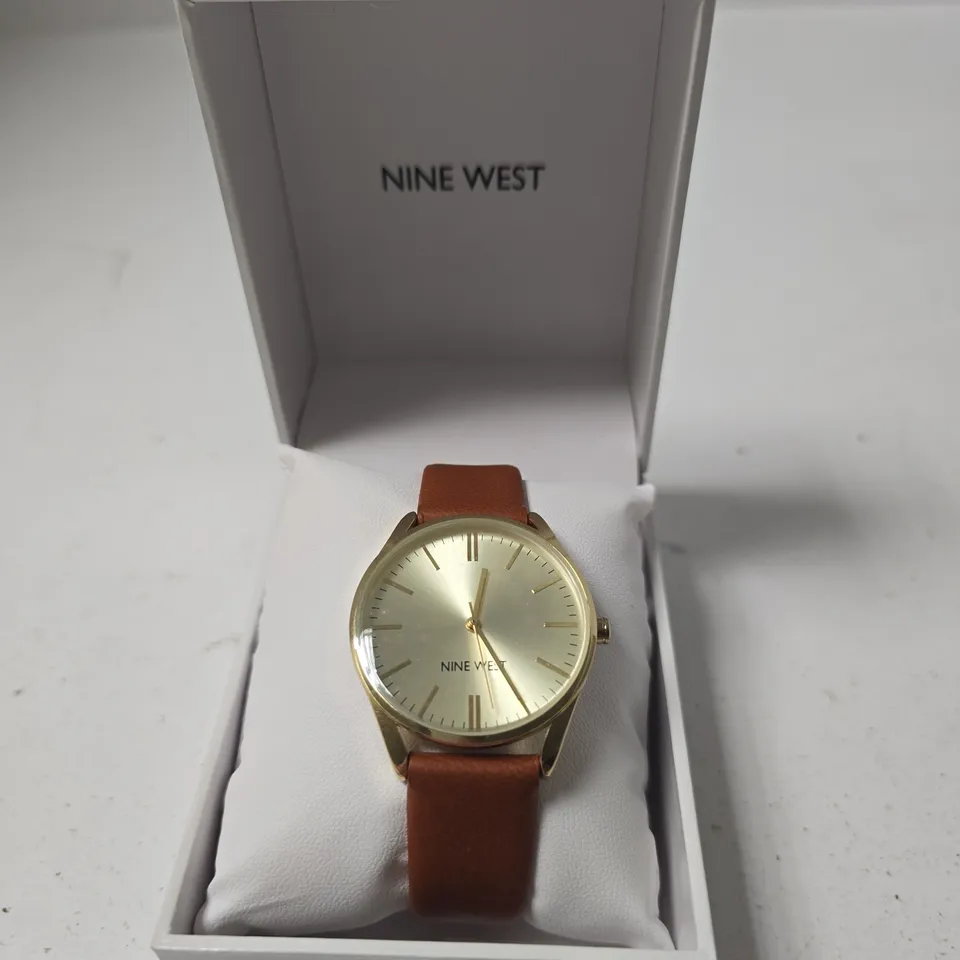 NINE WEST WATCH – GOLD TONE CASE, BROWN LEATHER STRAP (BOXED)