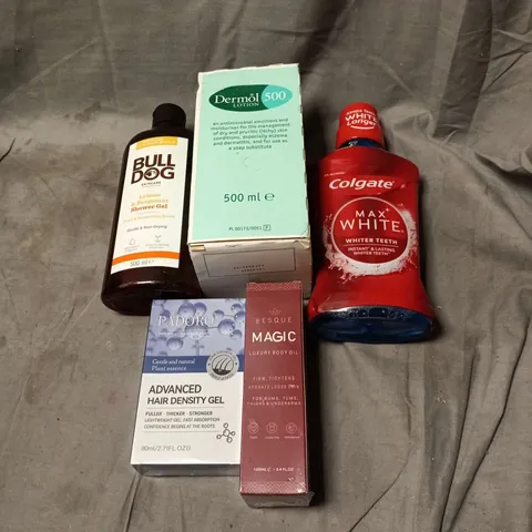 APPROXIMATELY 20 ASSORTED COSMETIC ITEMS TO INCLUDE DERMOL LOTION, COLGATE, BULLDOG, MAGIC LUXURY BODY OIL, HAIR DENSITY GEL ETC