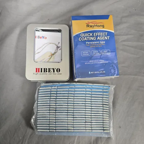 BOX OF ASSORTED CAR ITEMS TO INCLUDE - WHEEL WEIGH - KEY RINGS - REYHONG  