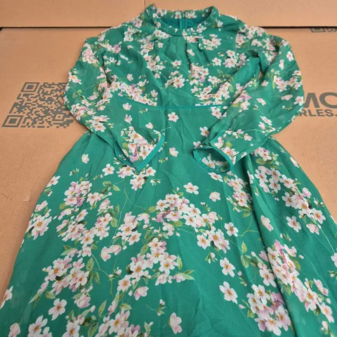 HOBBS TEAL GREEN FLORAL PRINT DRESS WITH LONG SLEEVES - SIZE 8