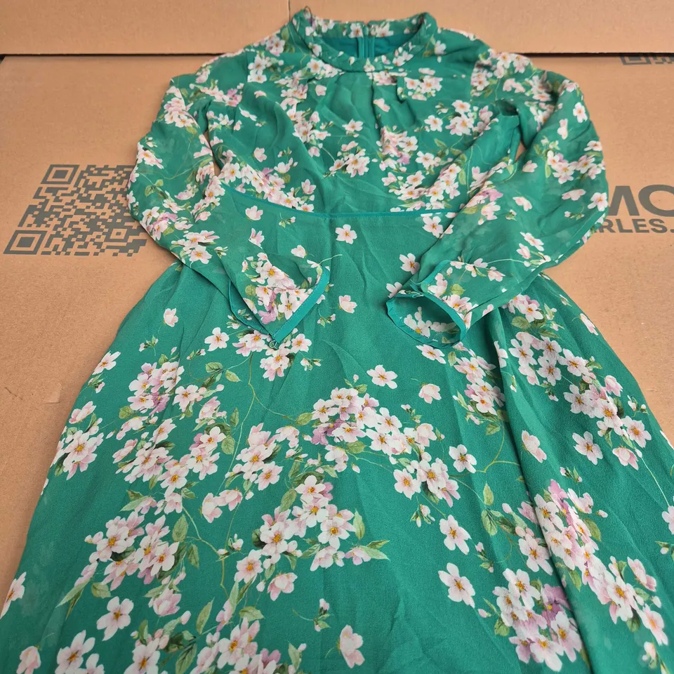 HOBBS TEAL GREEN FLORAL PRINT DRESS WITH LONG SLEEVES - SIZE 8