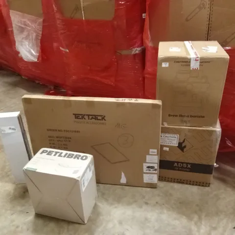 PALLET OF ASSORTED HOUSEHOLD GOODS AND PRODUCTS TO INCLUDE; WET FOOD FEEDER, 3D PRINTER, ESPRESSO MACHINE, SHELVES ETC