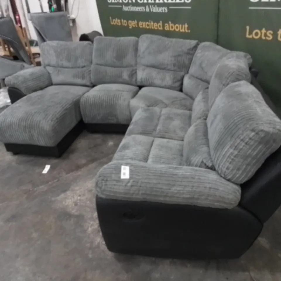 DESIGNER GREY LINED FABRIC CHAISE CORNER SOFA WITH BLACK FAUX LEATHER TRIM 