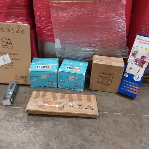 PALLET OF ASSORTED ITEMS INCLUDING: CLOTHES HANGER, HAIR STRAIGHTENER BRUSH, 2.3FT FOLDING TABLE, BED RAIL GUARD, SPICE RACK, BOXES OF PROPER CORN SEA SALTED POPCORN