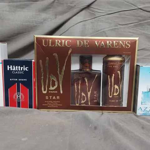 BOX OF APPROXIMATELY 20 ASSORTED HEALTH & BEAUTY ITEMS TO INCLUDE - ULRIC DE VARENS , AZZARO CHROME , HATTRICK CLASSIC AFTER SHAVE ETC