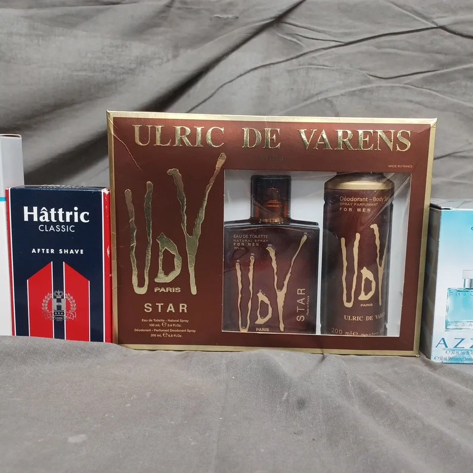 BOX OF APPROXIMATELY 20 ASSORTED HEALTH & BEAUTY ITEMS TO INCLUDE - ULRIC DE VARENS , AZZARO CHROME , HATTRICK CLASSIC AFTER SHAVE ETC
