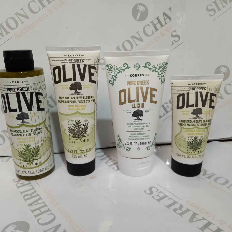 PURE GREEK OLIVE SET TO INCLUDE SHOWER GEL, HAND CREAM, BODY WASH, BODY BALSAM AND BODY ELIXIR 