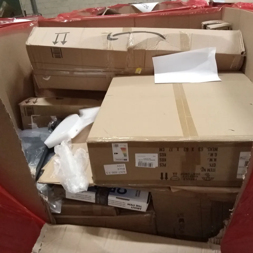 PALLET OF ASSORTED HOUSEHOLD GOODS AND PRODUCTS TO INCLUDE; CEILING FAN LIGHT, PORTABLE AIR COOLER, METAL GARDEN FENCE, TELESCOPIC LADDER ETC
