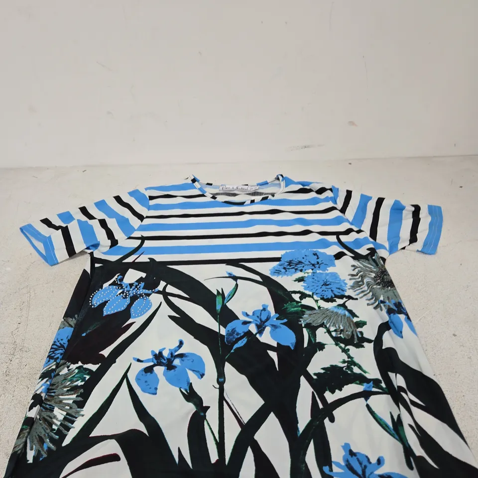 PURE & NATURAL LADIES PRINTED TOP – BLUE STRIPE WITH FLORAL DESIGN SIZE 14/16