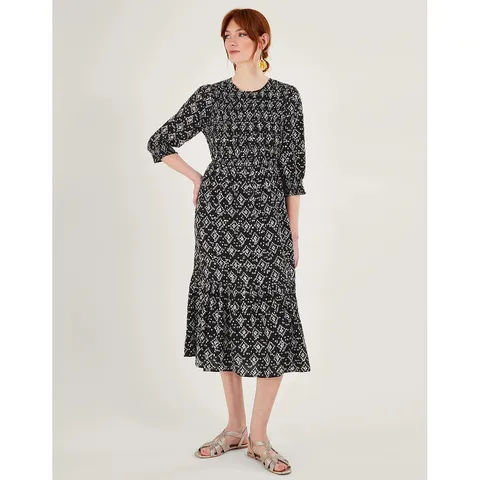 MONSOON 3/4 SLEEVE PRINTED SHIRRED DRESS IN BLACK MULTI - SIZE 16