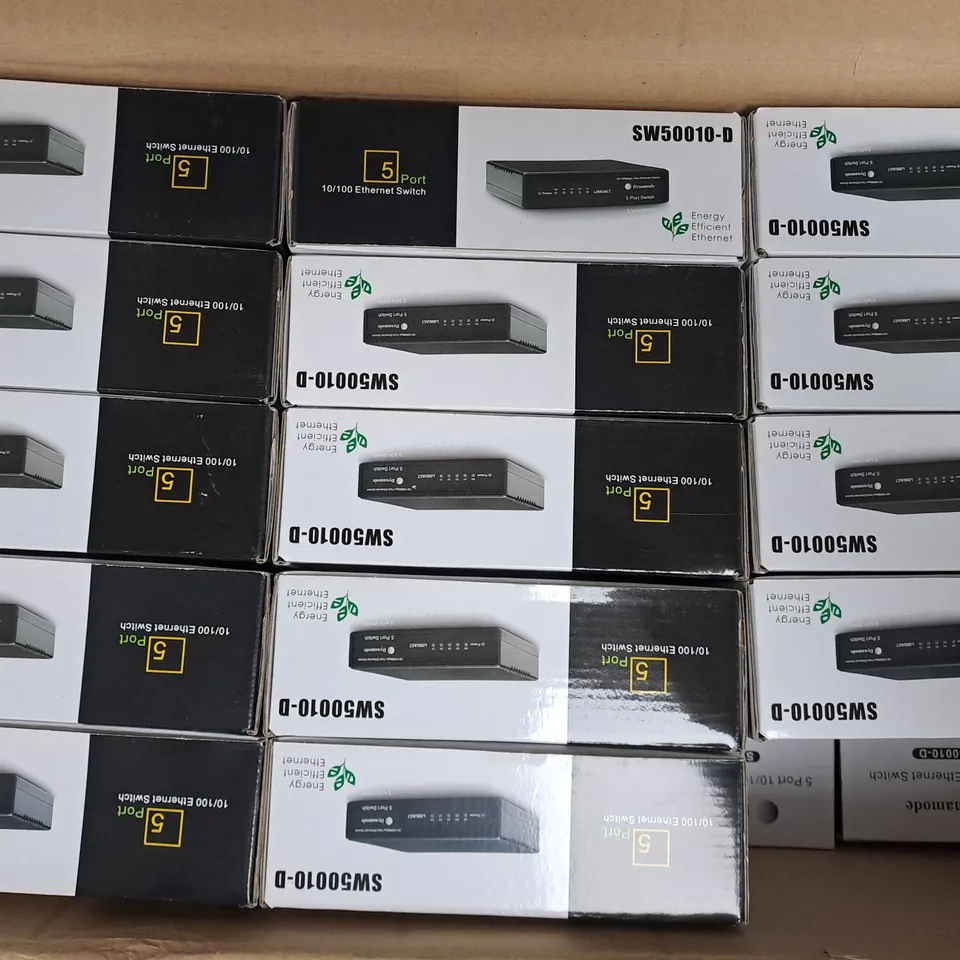 BOX OF APPROXIMATELY 40 DYNAMODE SW50010-D 10/100 ETHERNET SWITCHES