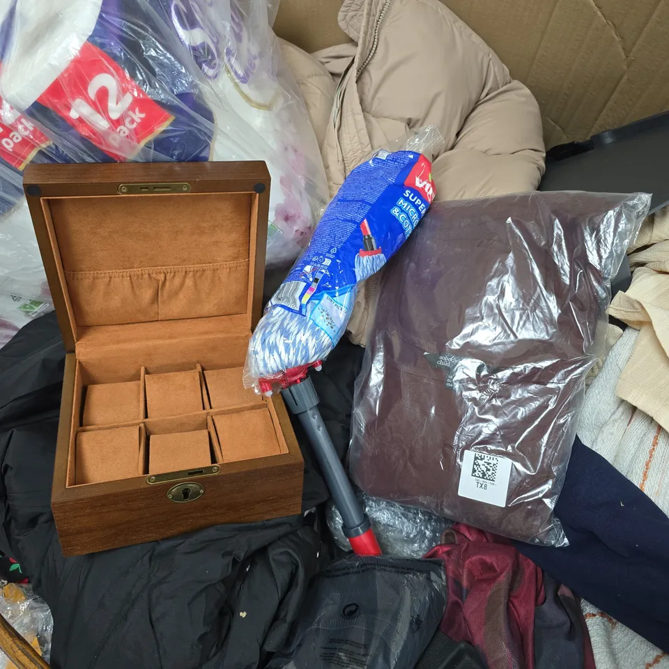 PALLET OF ASSORTED HOUSEHOLD AND CLOTHING ITEMS TO INCLUDE ROLLED RUGS, MOONDROP TWS EARBUDS, TOILET TISSUE MULTI-PACK AND VARIOUS CLOTHING ITEMS