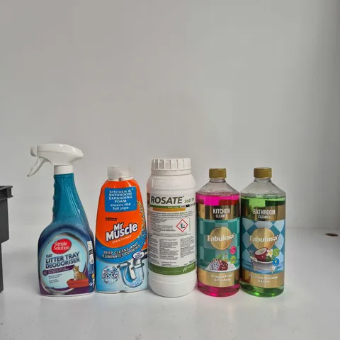 tote of approximately 10 assorted items including fabulosa bathroom cleaner, fabulosa kitchen cleaner and rosate herbicide
