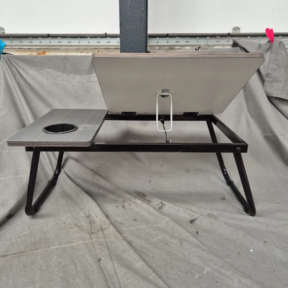 ADJUSTABLE LAPTOP DESK WITH WOOD-GRAIN TOP AND FOLDABLE BLACK METAL LEGS