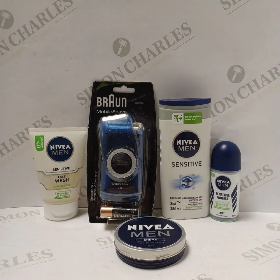 NIVEA MEN SHAVING KIT TO INCLUDE - SOOTHING SHOWER GEL - SENSITIVE FACE WASH - BRAUN MOBILE SHAVE ECT