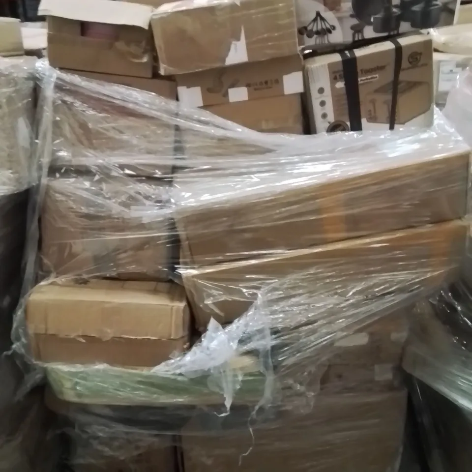 PALLET CONTAINING VARIOUS ASSORTED BOXED ITEMS TO INCLUDE. GARDEN TRIMMERS, COOKWARE SET, 4 SLICE TOASTER AND LOTS MORE UNMARKED BOXED ITEMS 
