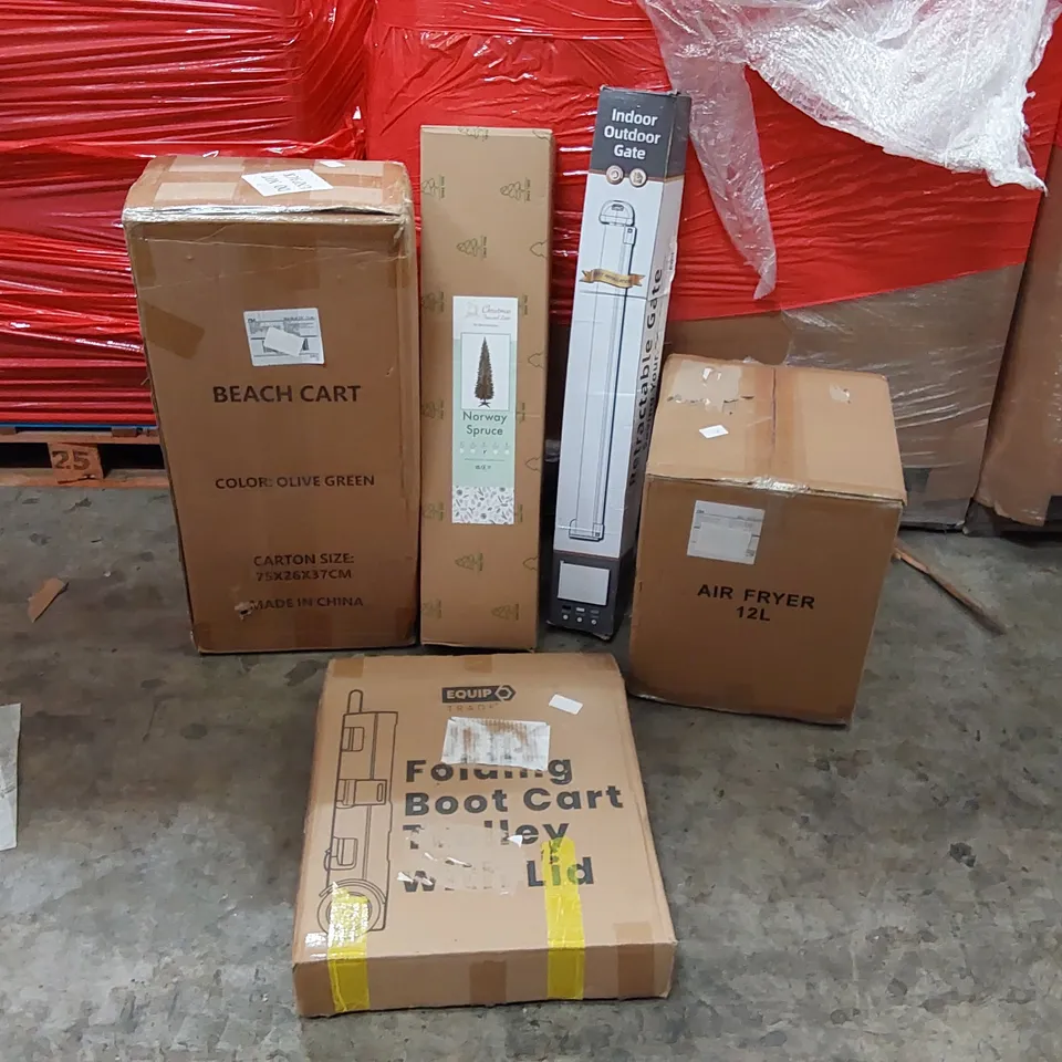 PALLET OF ASSORTED ITEMS INCLUDING: AIR FRYER, OFFICE CHAIR, BEACH CART, ARTIFICIAL NORWAY SPRUCE TREE, FOLDING BOOT CART, RETRACTABLE SAFETY GATE 