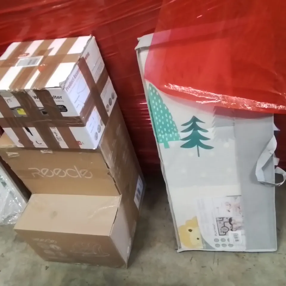 PALLET OF ASSORTED HOUSEHOLD GOODS AND PRODUCTS TO INCLUDE;BABY SEAT,WAX MELTER,PLAYMAT 