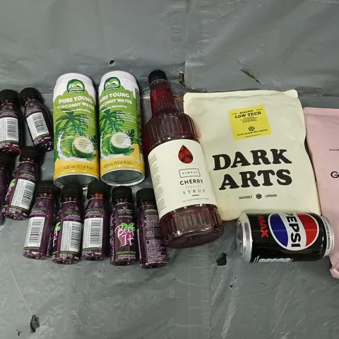 APPROXIMATELY 6 ASSORTED FOOD & DRINK ITEMS TO INCLUDE - BEET IT SHOT, GRIND COFFEE, AND DARK ARTS COFFEE ETC. 