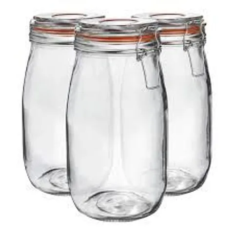BOXED NEO PACK OF 3 APPROXIMATELY CANISTERS TABLEWARE SCANDI GLASS STORAGE JARS WITH AIRTIGHT SILICONE SEAL METAL CLIP TOP LIDS