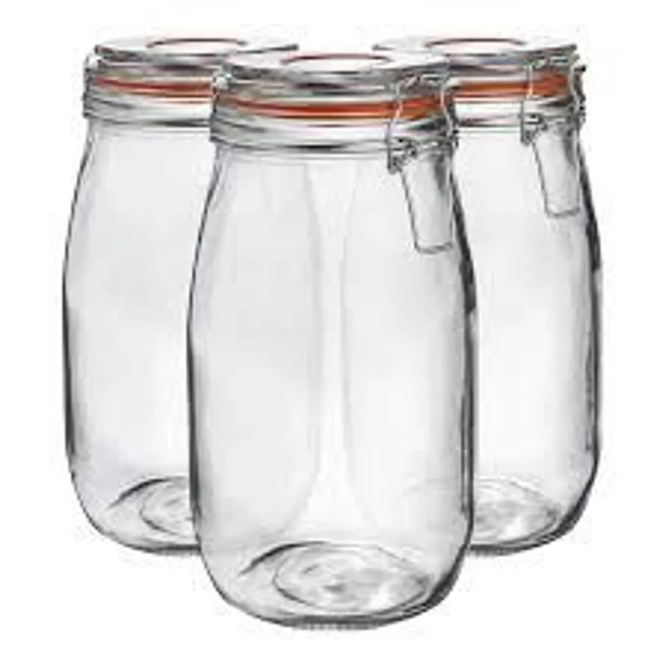 BOXED NEO PACK OF 3 APPROXIMATELY CANISTERS TABLEWARE SCANDI GLASS STORAGE JARS WITH AIRTIGHT SILICONE SEAL METAL CLIP TOP LIDS