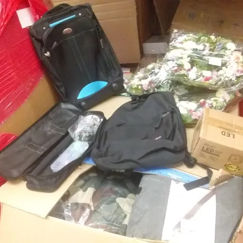 PALLET OF ASSORTED ITEMS TO INCLUDE: LED FLOOD LIGHT, FISHING REEL, BACKPACK, REEFS ETC