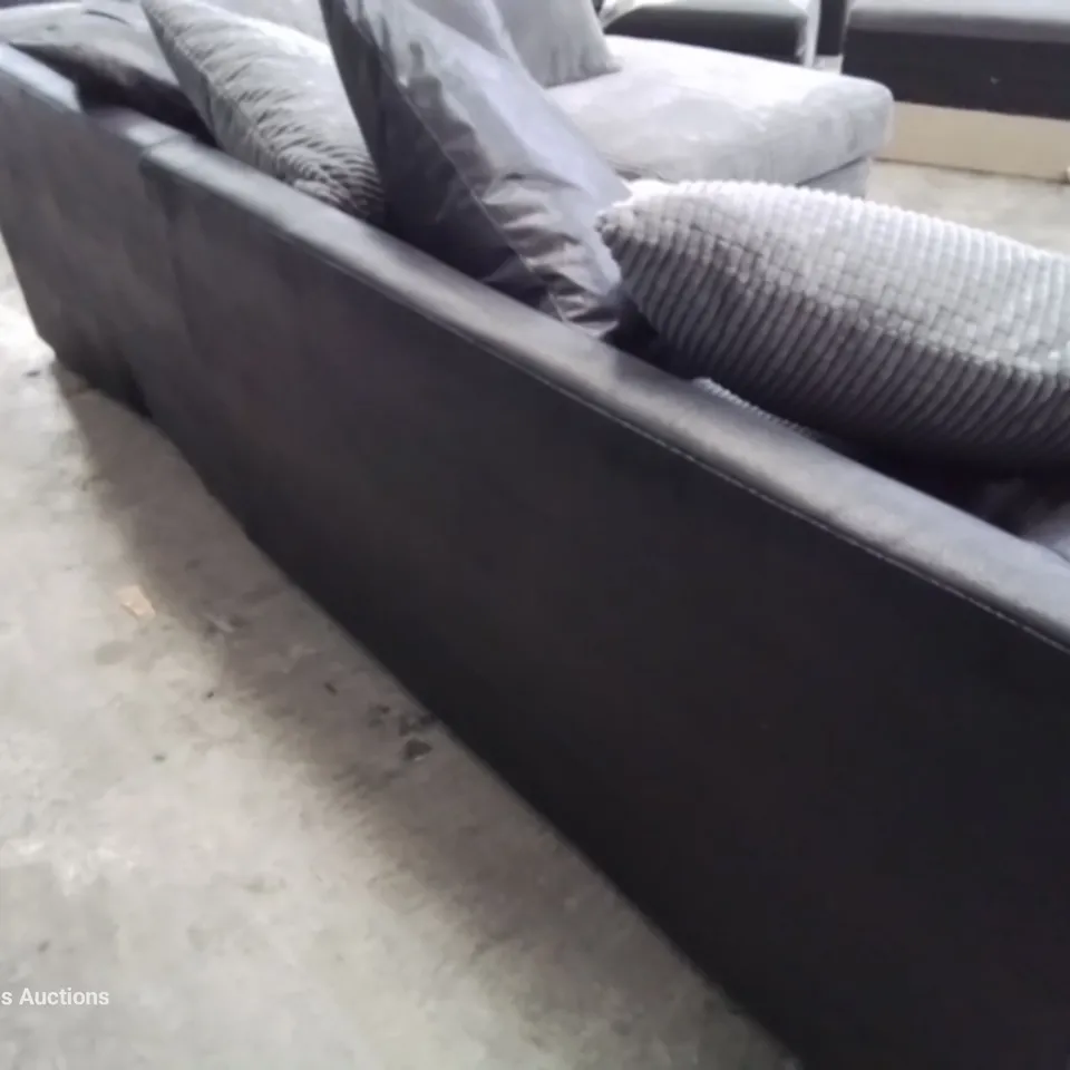 DESIGNER CHAISE SOFA WITH SCATTER CUSHIONS BLACK FAUX LEATHER & GREY JUMBO CHORD 