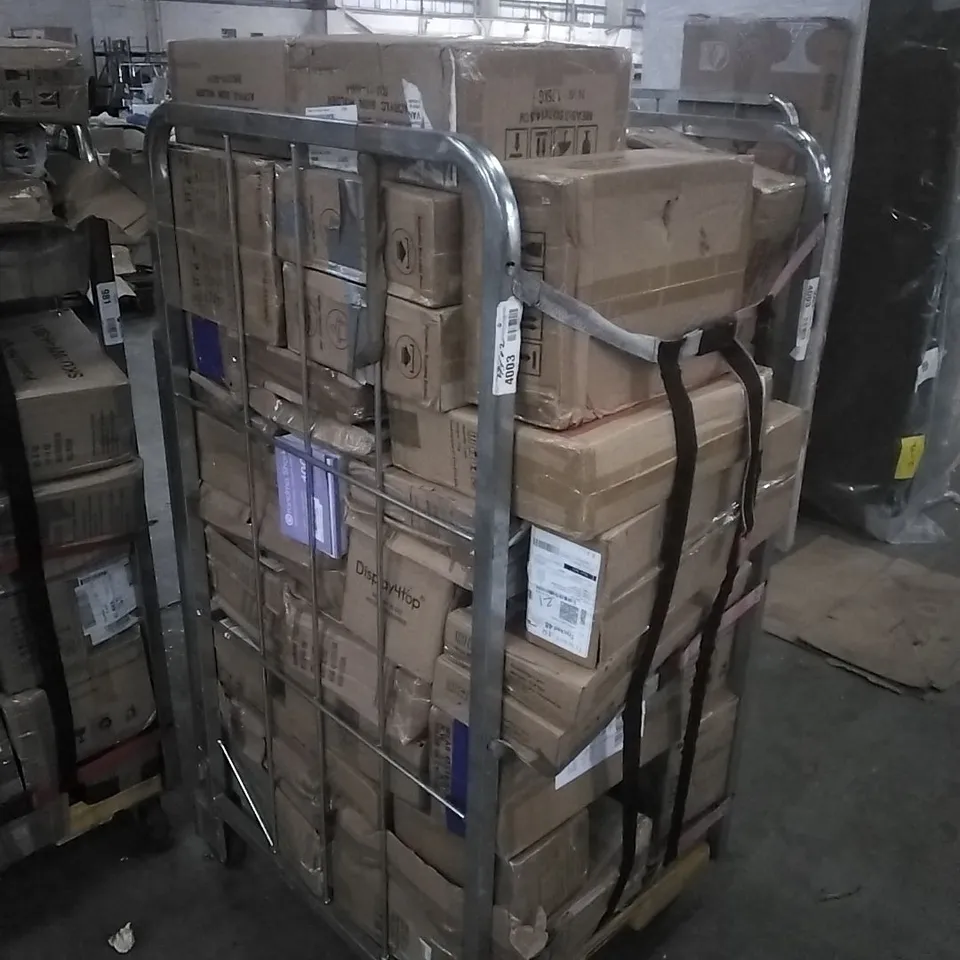 CAGE OF ASSORTED HOUSEHOLD GOODS AND PRODUCTS, TO INCLUDE ACRYLIC SIGN HOLDERS, VELVET HANGERS, PULL-UP BAR ETC. - CAGE NOT INCLUDED