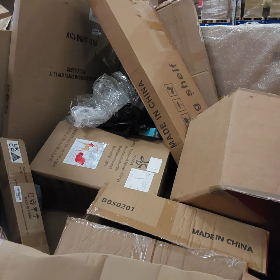 PALLET TO CONTAIN ASSORTED HOUSEHOLD ITEMS AND CONSUMER PRODUCTS. INCLUDES CHRISTMAS DECOR, MAGNETIC WHITE BOARD, BOXED FURNITURE ETC 