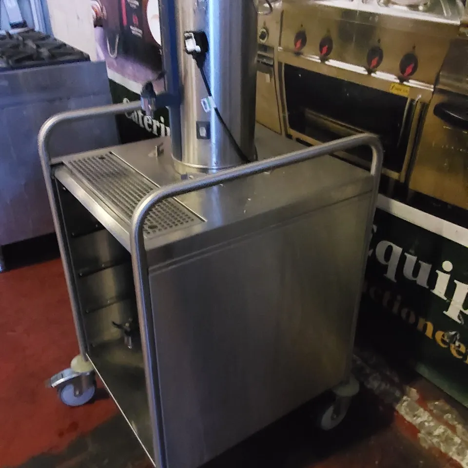 COMMERCIAL STAINLESS STEEL CATERING TROLLEY WITH 2 X HOT WATER BOILER DISPENSERS