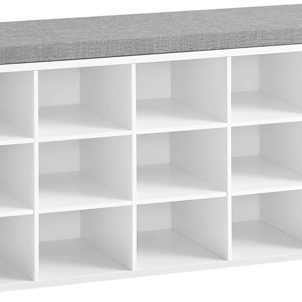BOXED VASAGLE SHOE STORAGE BENCH WITH PADDED SEAT, 15 COMPARTMENTS, ADJUSTABLE SHELVES, 30×105×48CM - CLOUD WHITE AND DOVE GREY