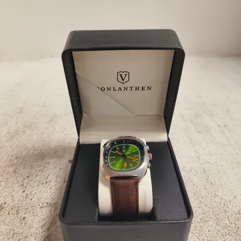 VONLANTHEN WRISTWATCH – GREEN DIAL, BROWN LEATHER STRAP (BOXED)