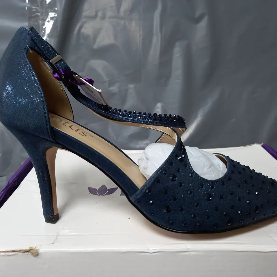 BOXED PAIR OF LOTUS POINTED TOE STRAP HEELS IN DIAMOND NAVY - UK 5