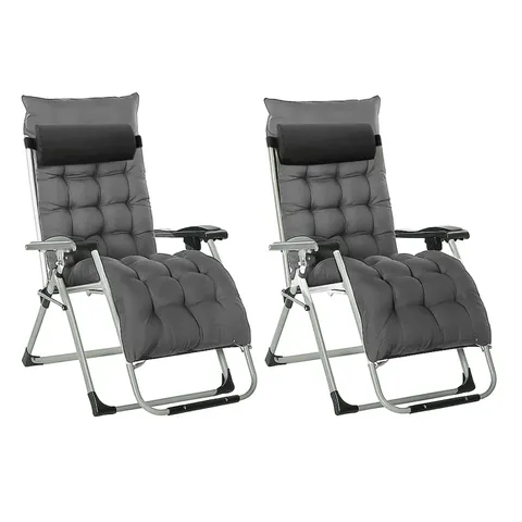 BOXED NEO ZERO GRAVITY DARK GREY RECLINING SUN LOUNGER WITH PADDED CUSHIONS SET OF 2