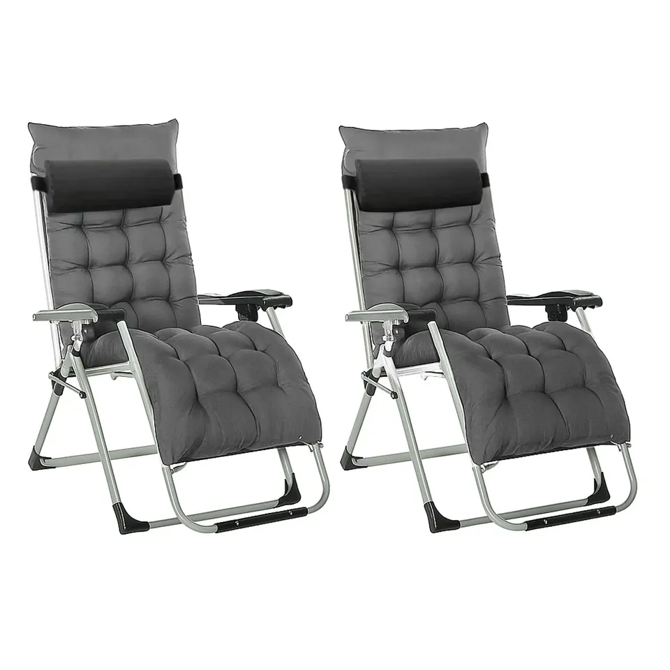 BOXED NEO ZERO GRAVITY DARK GREY RECLINING SUN LOUNGER WITH PADDED CUSHIONS SET OF 2