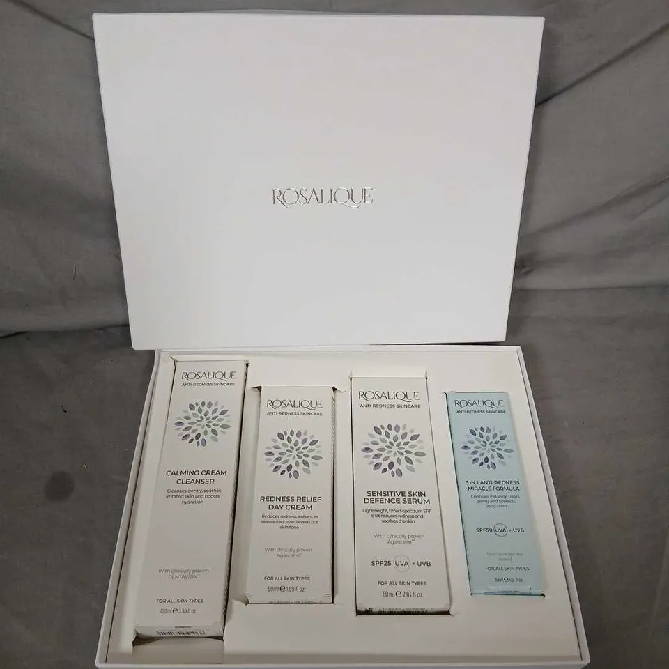 ROSALIQUE SKINCARE SET – CALMING CLEANSER, REDNESS RELIEF DAY CREAM, SENSITIVE SKIN DEFENCE SERUM & 5-IN-1 ANTI-REDNESS FORMULA (4 × 50ML) – BOXED