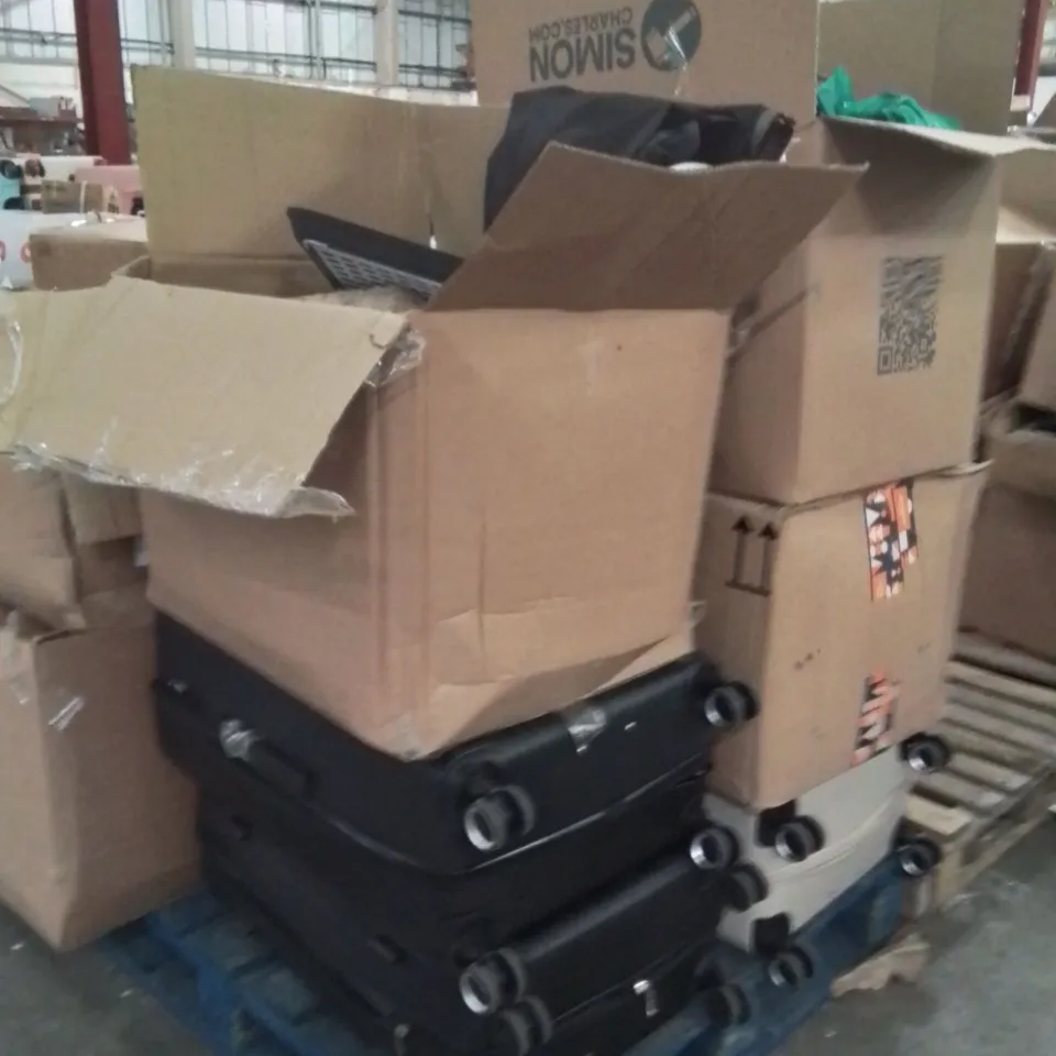 PALLET OF ASSORTED HOUSEHOLD GOODS AND PRODUCTS TO INCLUDE;SUITCASE,FAN,SERVING TRAYS,PREMIUM LEAF BLOWER