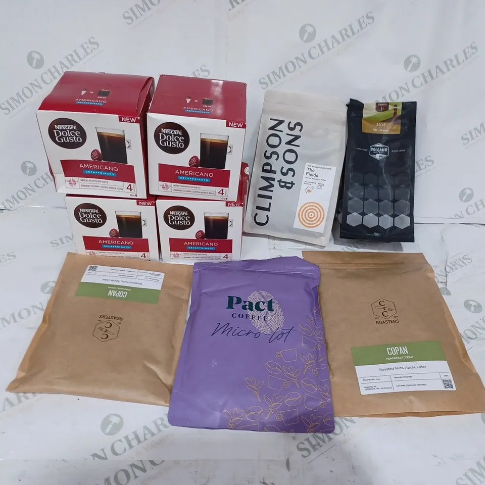 BOX TO CONTAIN APPROX. 9 X ASSORTED COFFEE PRODUCTS. INCLUDES PACKS OF COFFEE, COFFEE PODS. BRANDS & FLAVOURS VARY