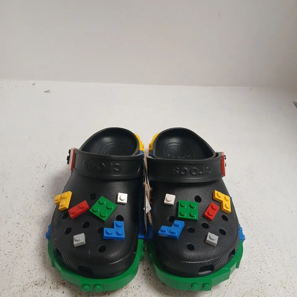CROCS BLACK CLOGS WITH LEGO BRICK EMBELLISHMENTS - SIZE 7