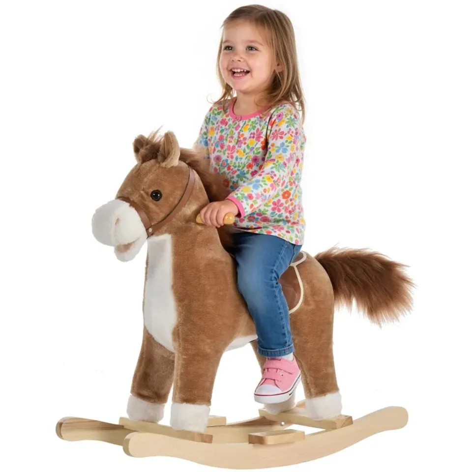 BOXED HOMCOM KIDS CLASSIC ROCKING HORSE, WITH MOVING MOUTH, NEIGHING SOUNDS, BROWN