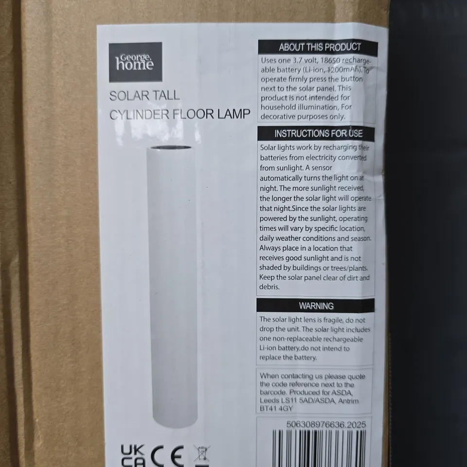 BOXED HOME SOLAR TALL CYLINDER FLOOR LAMP - COLLECTION ONLY