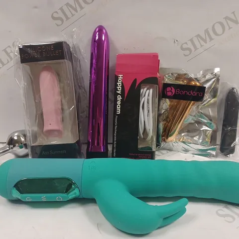 BOX OF 6 ASSORTED ADULT TOYS TO INCLUDE SILICONE POWER BULLET, SILICONE ROTATING VIBRATOR, BUTT PLUG, ETC