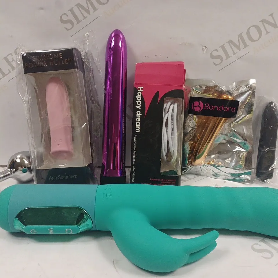 BOX OF 6 ASSORTED ADULT TOYS TO INCLUDE SILICONE POWER BULLET, SILICONE ROTATING VIBRATOR, BUTT PLUG, ETC 