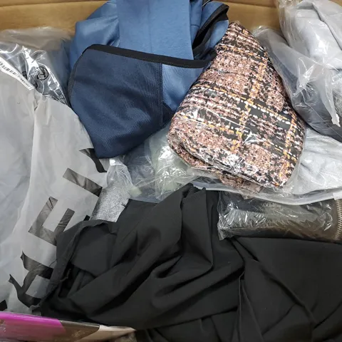 BOX OF ASSORTED CLOTHING ITEMS TOO INCLUDE JUMPERS, SHIRTS AND TROUSERS IN VARIOUS SIZES AND COLOURS   