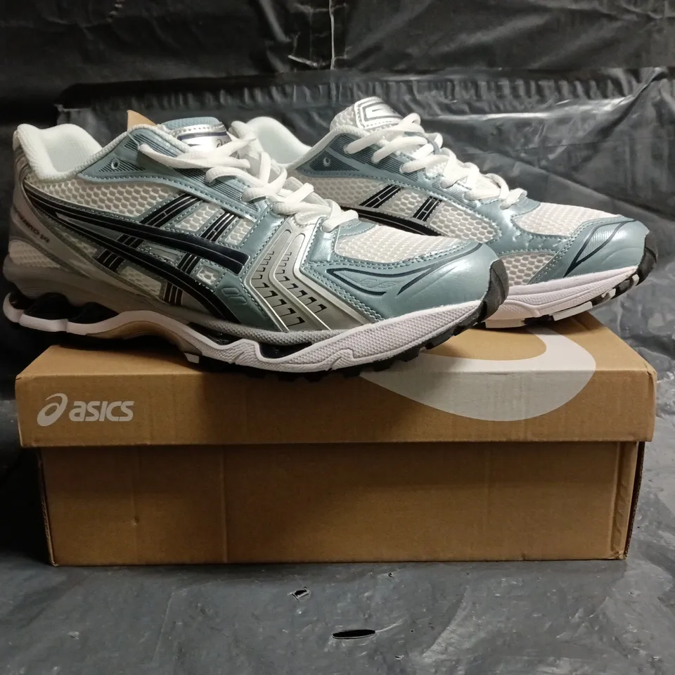 BOXED PAIR OF ASICS GEL-KAYANO 14 TRAINERS IN BLUE/SILVER/BLACK/WHITE SIZE UK 11