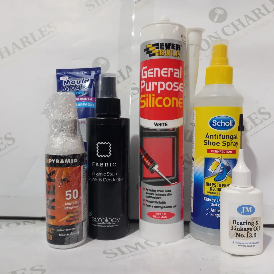 LOT OF APPROXIMATELY 20 ASSORTED HOUSEHOLD ITEMS TO INCLUDE SCHOLL ANTIFUNGAL SHOE SPRAY, EVER BUILD GENERAL PURPOSE SILICONE, MOULD MAGIC, ETC - COLLECTION ONLY